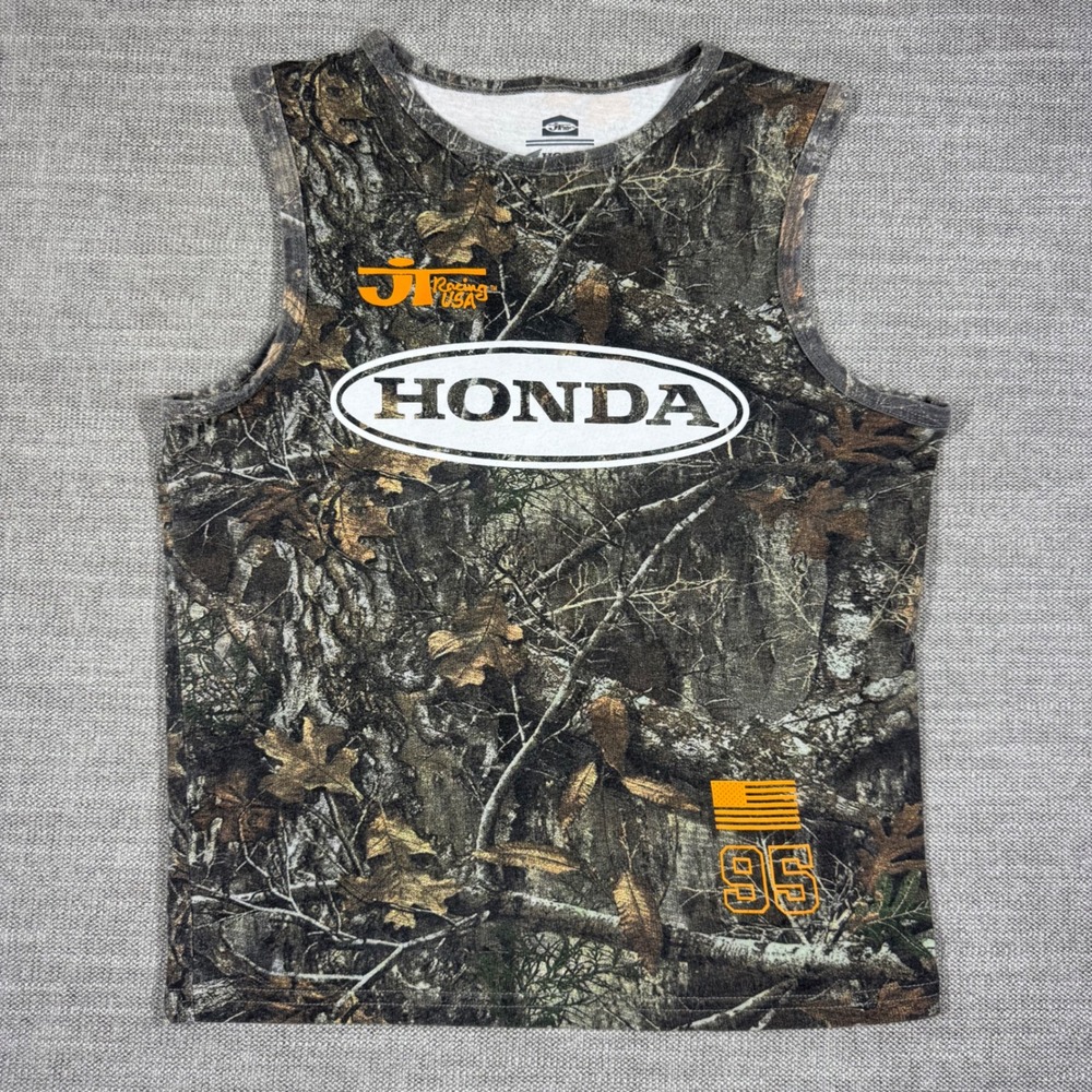 JT Racing USA Honda Camo Muscle Tank Top Sleeveless Real Tree Graphic Women M